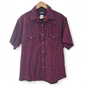 Vintage Wrangler Pearl Snap Western Shirt XL Red Plaid Cowboy Rodeo Rockabilly